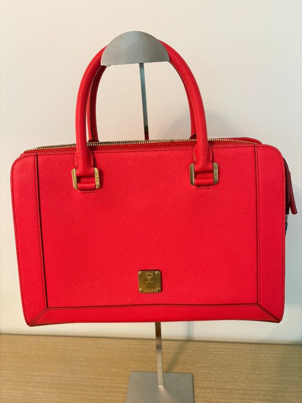 MCM Red Berlin Top Handle Satchel